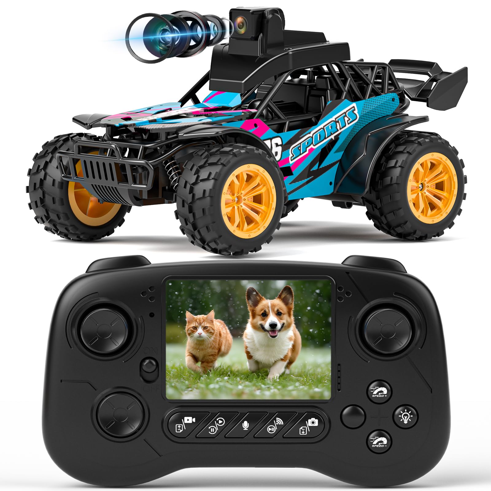 suangrc Auto RC con Telecamera, Auto Telecomandata 2.4GHz, Schermo 2.4", Camion RC con 2 Velocità, Auto Telecomandata con Telecamera per Bambini e Adulti Principianti