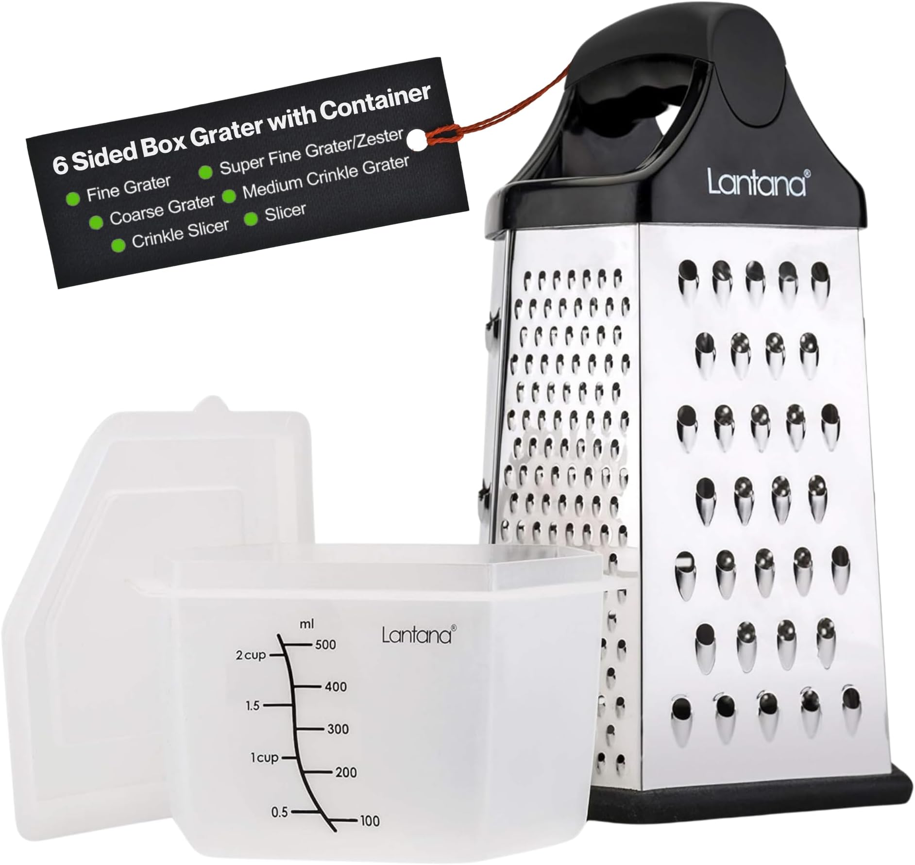 Lantana Cheese Grater with Container, Handheld Shredder, Zester (6 in 1) | 6 grating functions, coarse, medium, fine, micro, slicer blades, non-slip base, fitted measuring container with lid