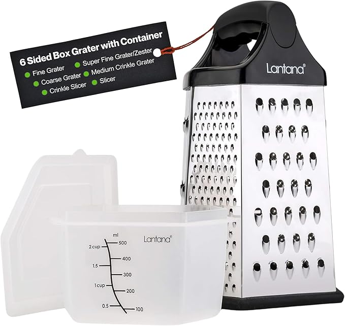 Lantana Cheese Grater for Kitchen with Container & Lid - Handheld Stainless Steel Box Food Shredder with Handle and 6 Essential Functions for Coarse, Medium, Fine, or Micro Grating/Shredding/Zesting