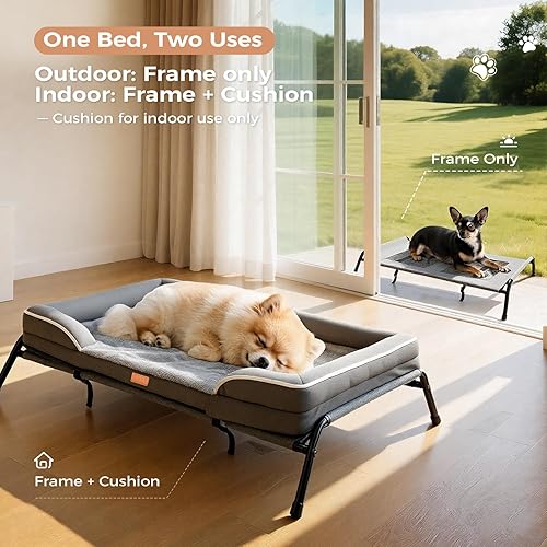 Miniatura 2 de Cama elevada para perro para exteriores con marco de acero y malla transpirable + sofá cama ortopédica para perros con parte superior de felpa