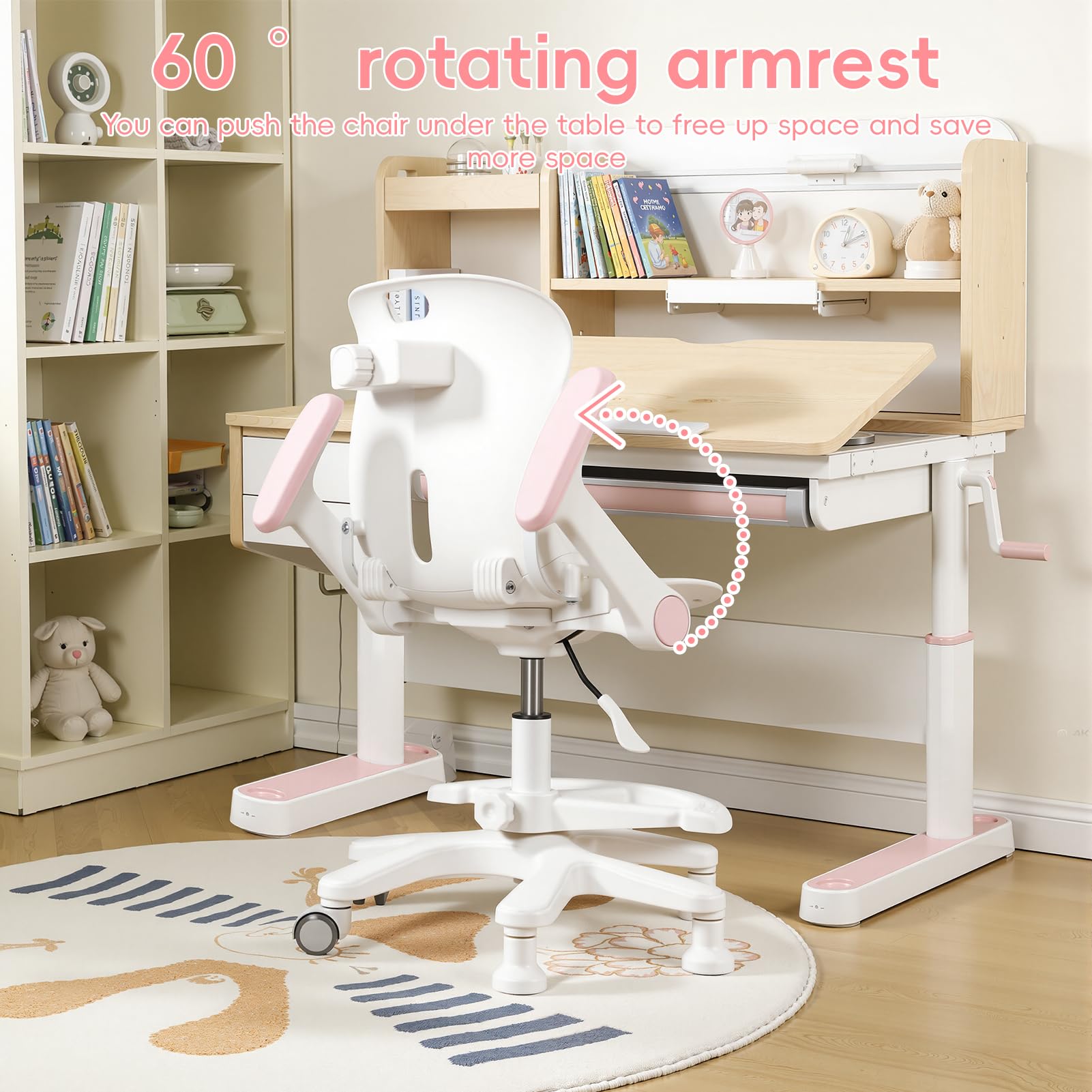 Chaise de Bureau Enfant, Siege Enfant reglable, Fauteuil Etude Ergonomique pivotant 360 degres, Hauteur Ajustable, accoudoirs relevables, Repose Pieds, Chaise Ordinateur Garcon Fille (Pink)