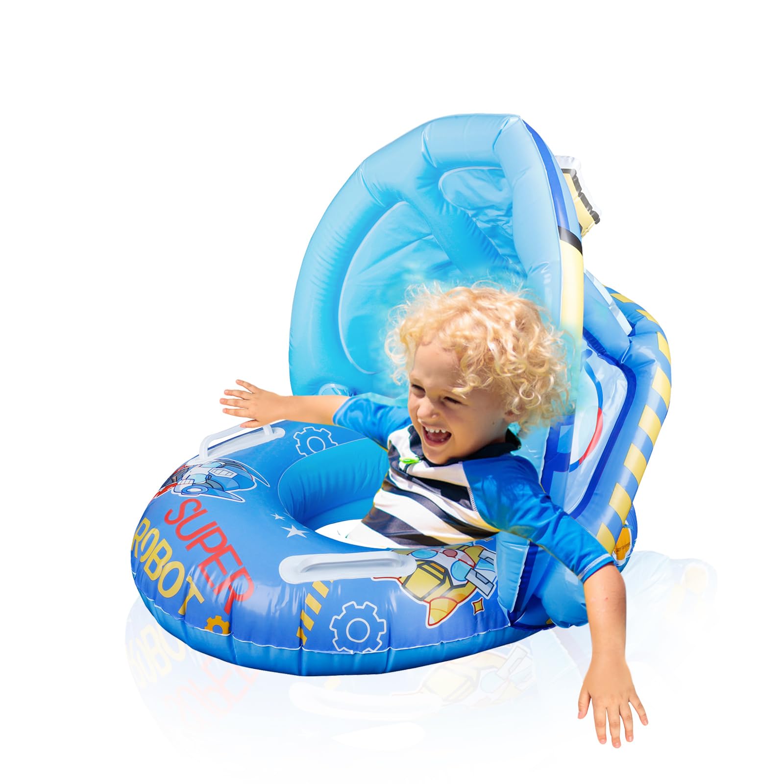 Photo 1 of Inflatable Baby Pool Float with Canopy Removable Sun Protection Swimming Ring with Handle for Baby Toddler Blue-Robot