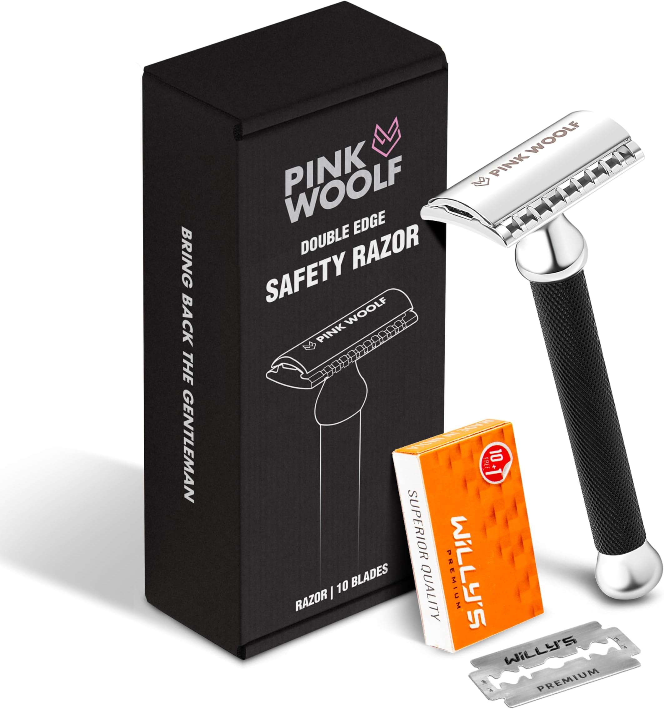 Pink Woolf Men Double Edge Safety Razor OPEN COMB OC70, Diamond Knurled Handle For Wet Shaving And A Real Close Shave, Good For Experienced Shavers, Pack Of 1 (BLACK)