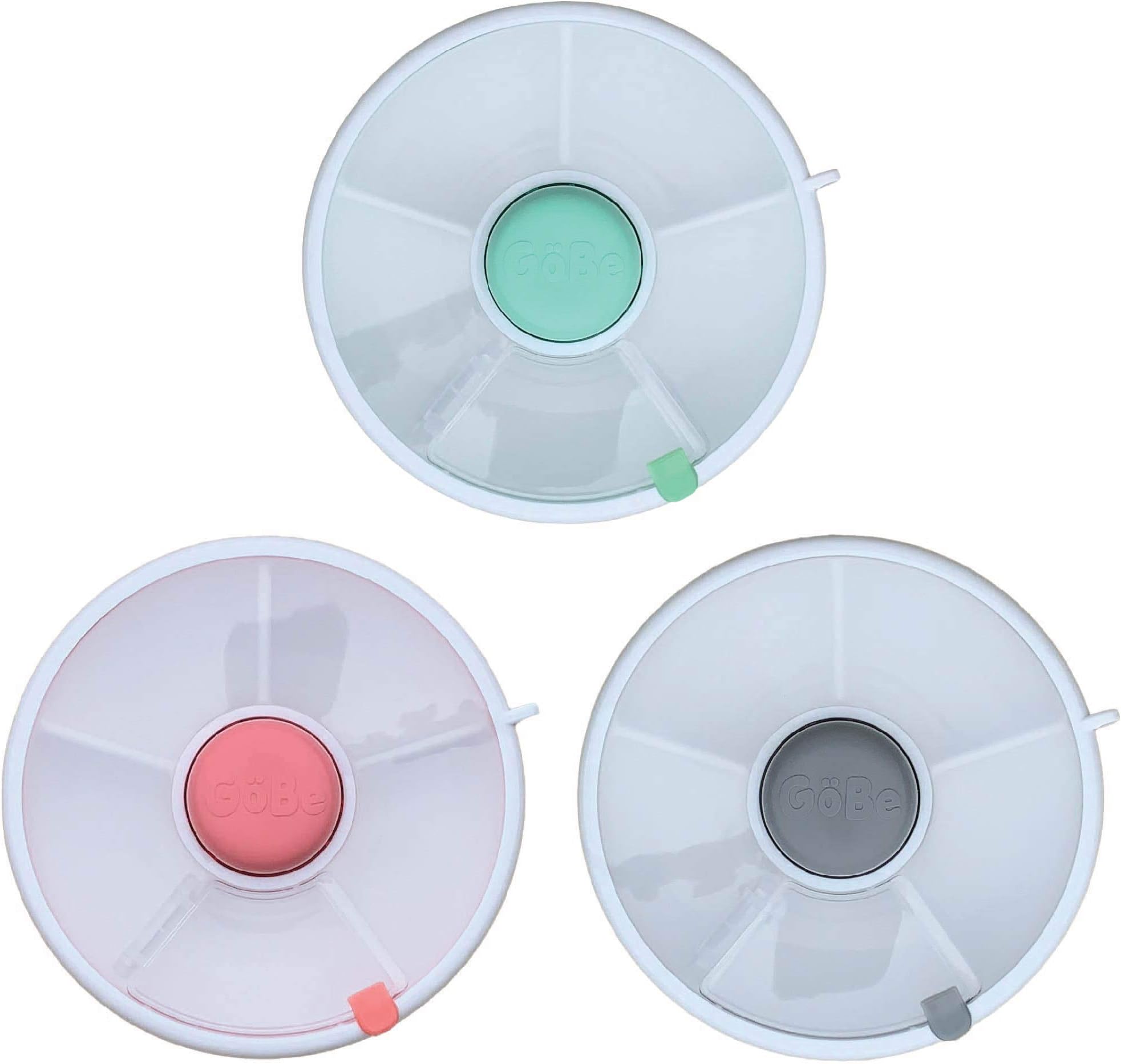 3 Pack Kids Snack Spinner - Grey/Coral/Teal - Reusable Snack Container with 5 Compartment Dispenser and Lid - Leakproof, Spill-Proof - for Toddlers, Babies, Home, Travel