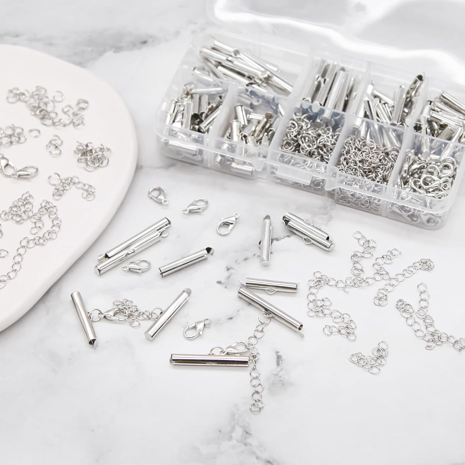 EuTengHao Silver Slider Clasp Kit for Beading, Tube Slide Cord Ends with Lobster Clasp, Chain Extender, Jewelry Findings for Beading Necklace Bracelet Making (6 Sizes, Bright Silver, 540Pcs)