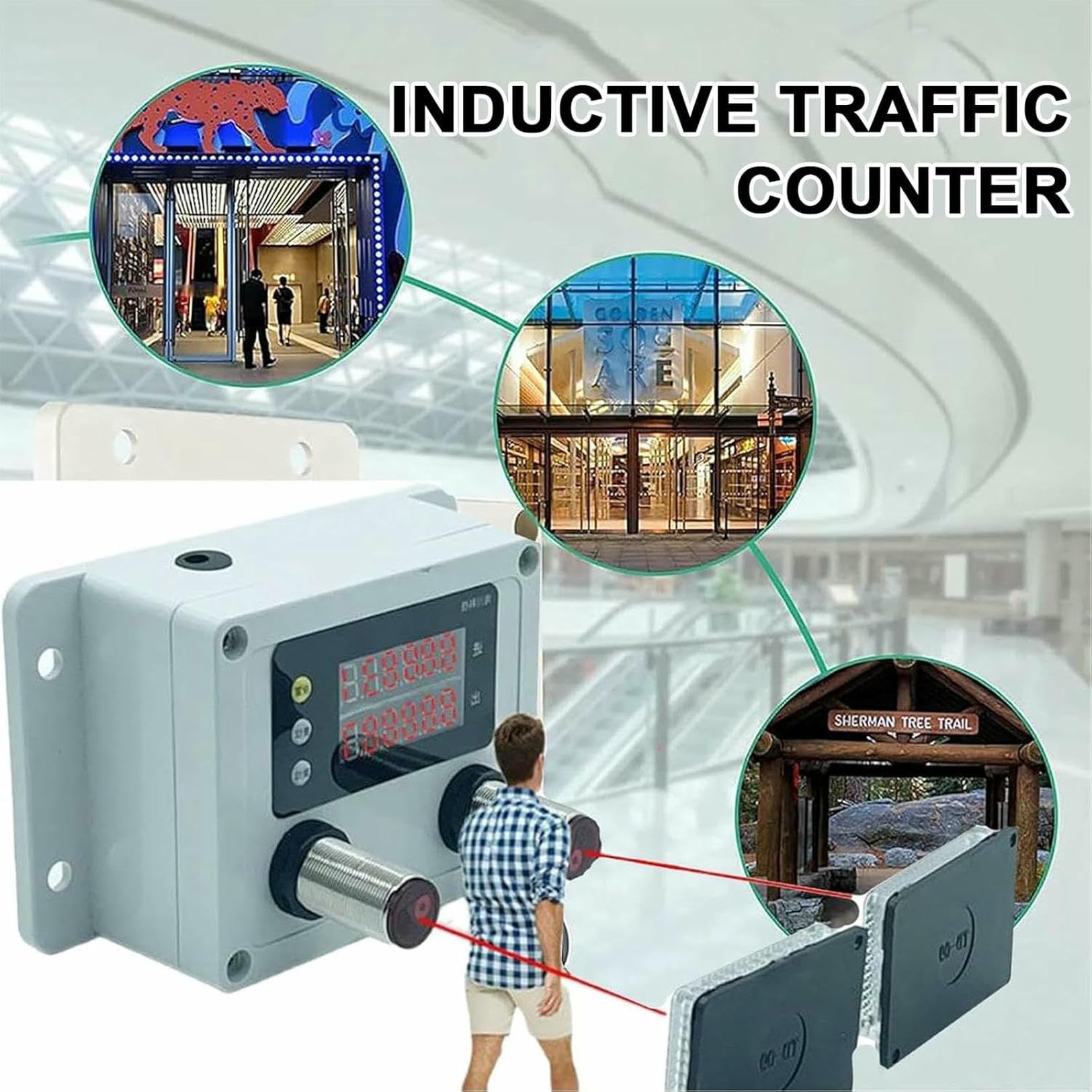 Contatore di traffico induttivo con conteggio bidirezionale, display digitale e pannelli riflettenti per il monitoraggio del flusso dei clienti negli ingressi commerciali