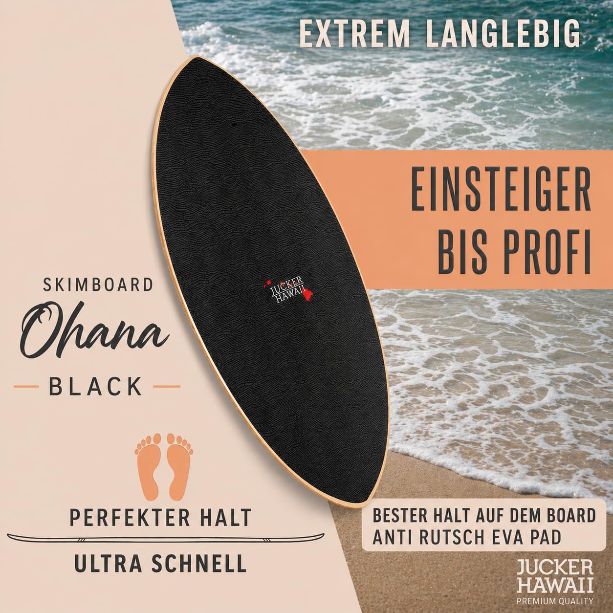 JUCKER HAWAII Skimboard Ohana Black | Skimboard mit vollflächigem Anti-Rutsch-Belag für optimalen Halt | Premium Skimboard für Anfänger und Profis | Perfekt für Strandabenteuer und Tricks