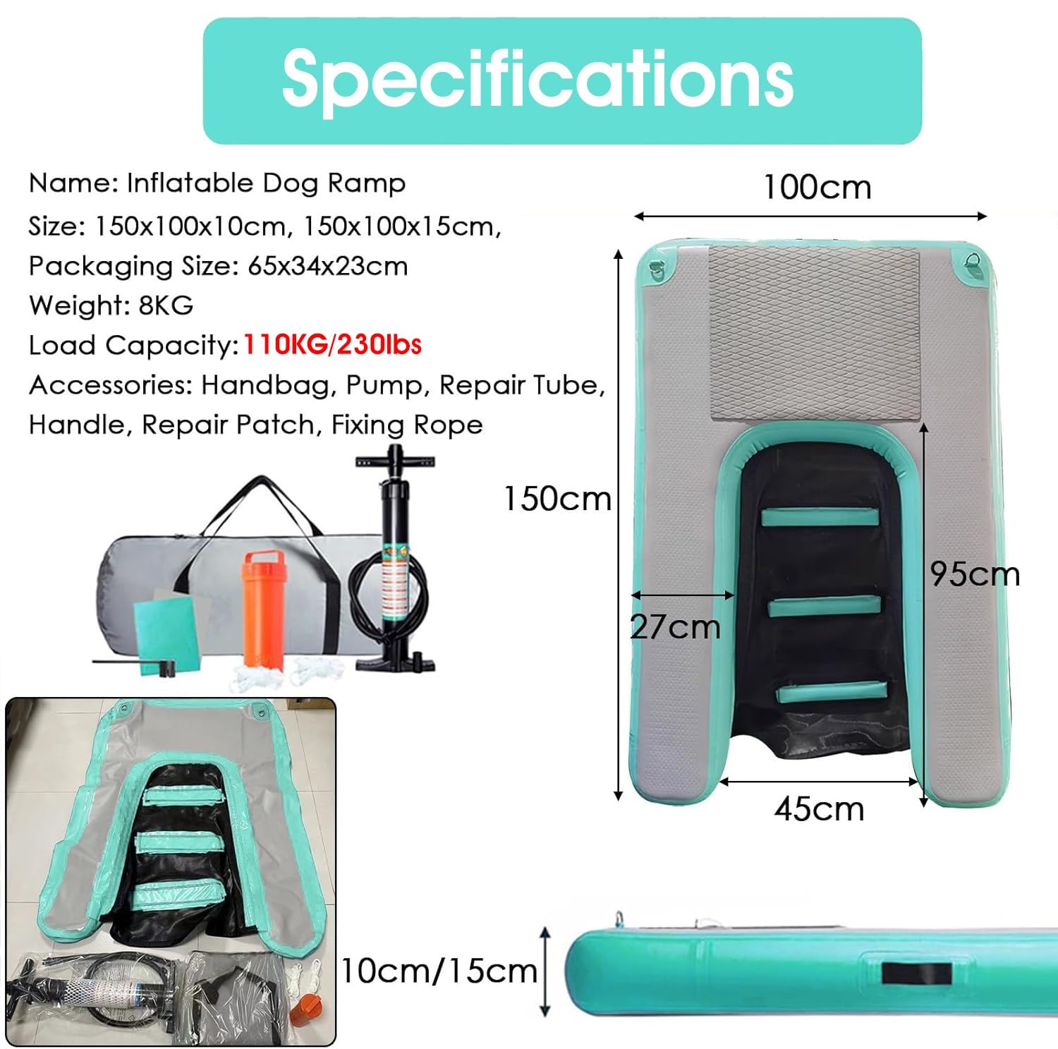 Rampa de agua para perros Rampa De Piscina Para Perros Para Piscina Enterrada, Plataforma De Muelle Inflable Para Perros Pequeños Medianos Grandes Para Pontón/ Lagos/ Playas(Black,LxWxH 150x100x10 cm)