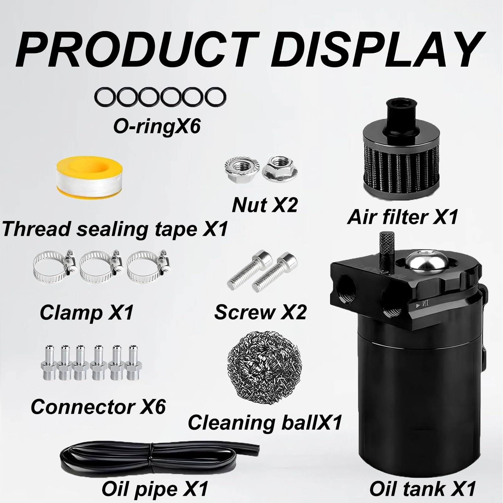 Oil Catch Can Auto,300ml Reniflard D'huile Auto,Aluminium Voiture Réservoir,Universel Séparateur Bidon Huile,Récupérateur Huile Moteur avec Filtre à Air,Tuyau et Autres Accessoires pour Une Variété