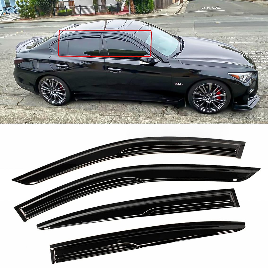 Side Window Deflectors For Infiniti Q50 2014-2020 - Tape-On Rain Guards & Sun Visors, Reduces Noise & Prevents Rain - View #3