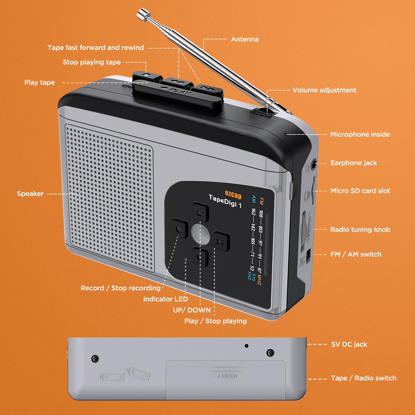 Ezcap234 Odtwarzacz kasetowy Przenośne radio Am Fm Konwerter kasety magnetofonowej na MP3 Rejestrator dźwięku Wbudowany głośnik z gniazdem słuchawkowym dla miłośników muzyki