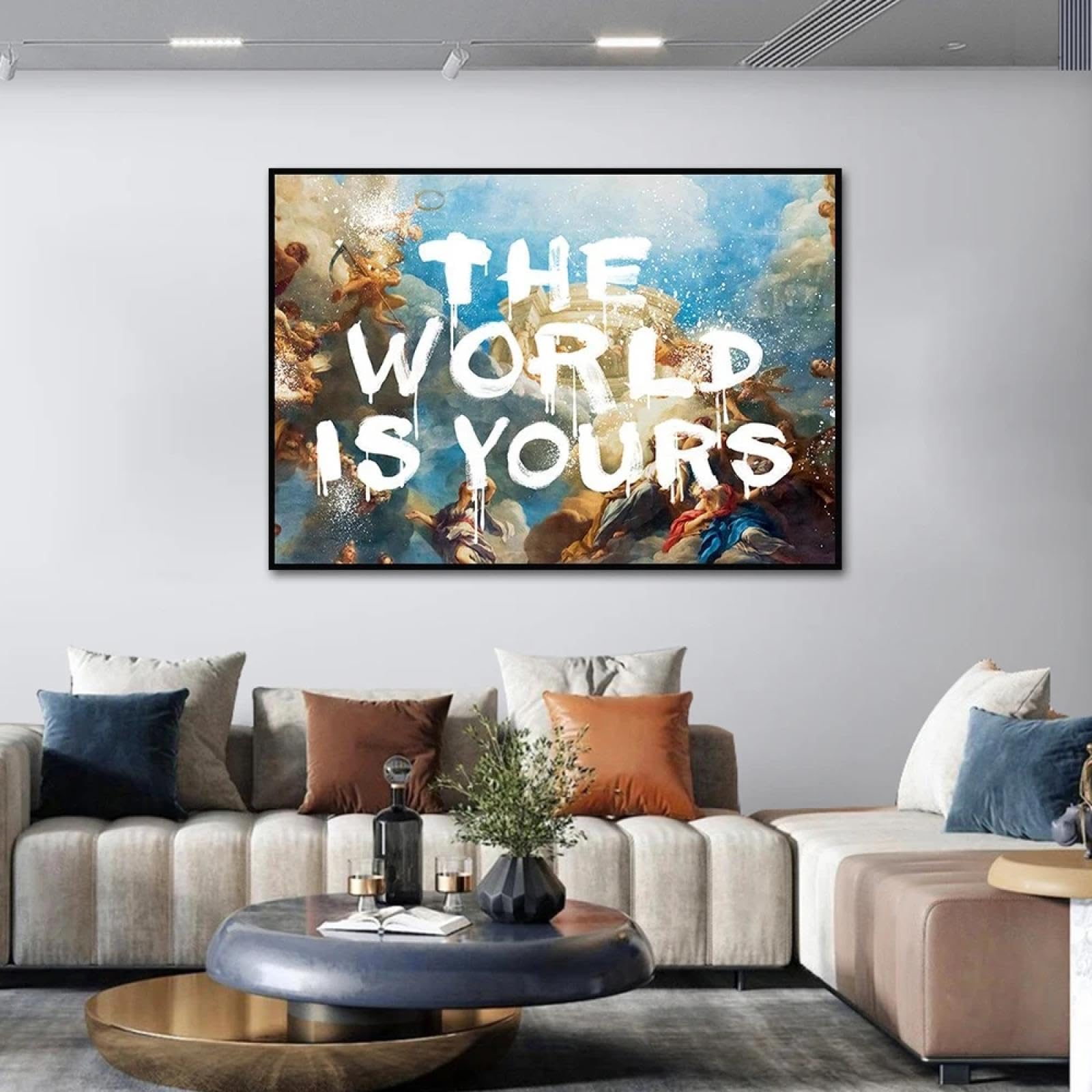 BMGKYAGL Pósteres retro El mundo es tuyo, lienzo, decoración para sala de estar, 80 x 120 cm, marco