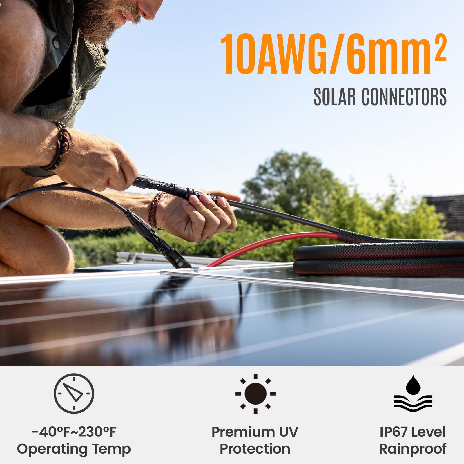 Cable de extensión de panel solar de 10 AWG, 6 mm², 20 pies, cable fotovoltaico de cobre con funda, IP67 impermeable, ignífugo, cable solar para exteriores para paneles solares y sistemas de