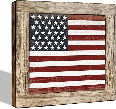 Patriotic Farmhouse American Flag Wooden Block Sign Table Decor, Vintage Stars and Stripes Tabletop Decoration for Home Desk Shelf Living Room Office