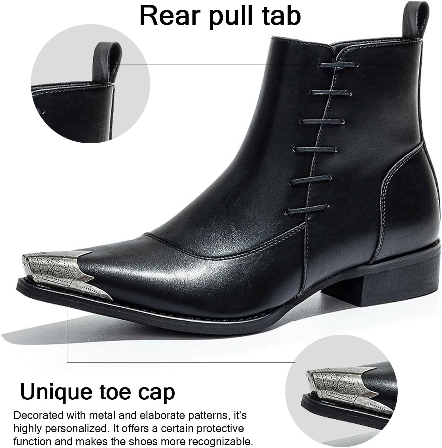 Men’s Western Pointed Toe Ankle Boots with Metal Toe Cap Side Zipper Comfortable Non Slip Dress Boots for Back to School and Banquet - Image 4