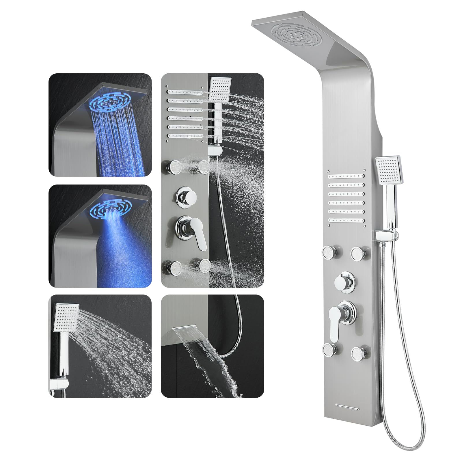 Panneau colonne de douche LED ROVOGO en acier inox brossé avec mitigeur mural