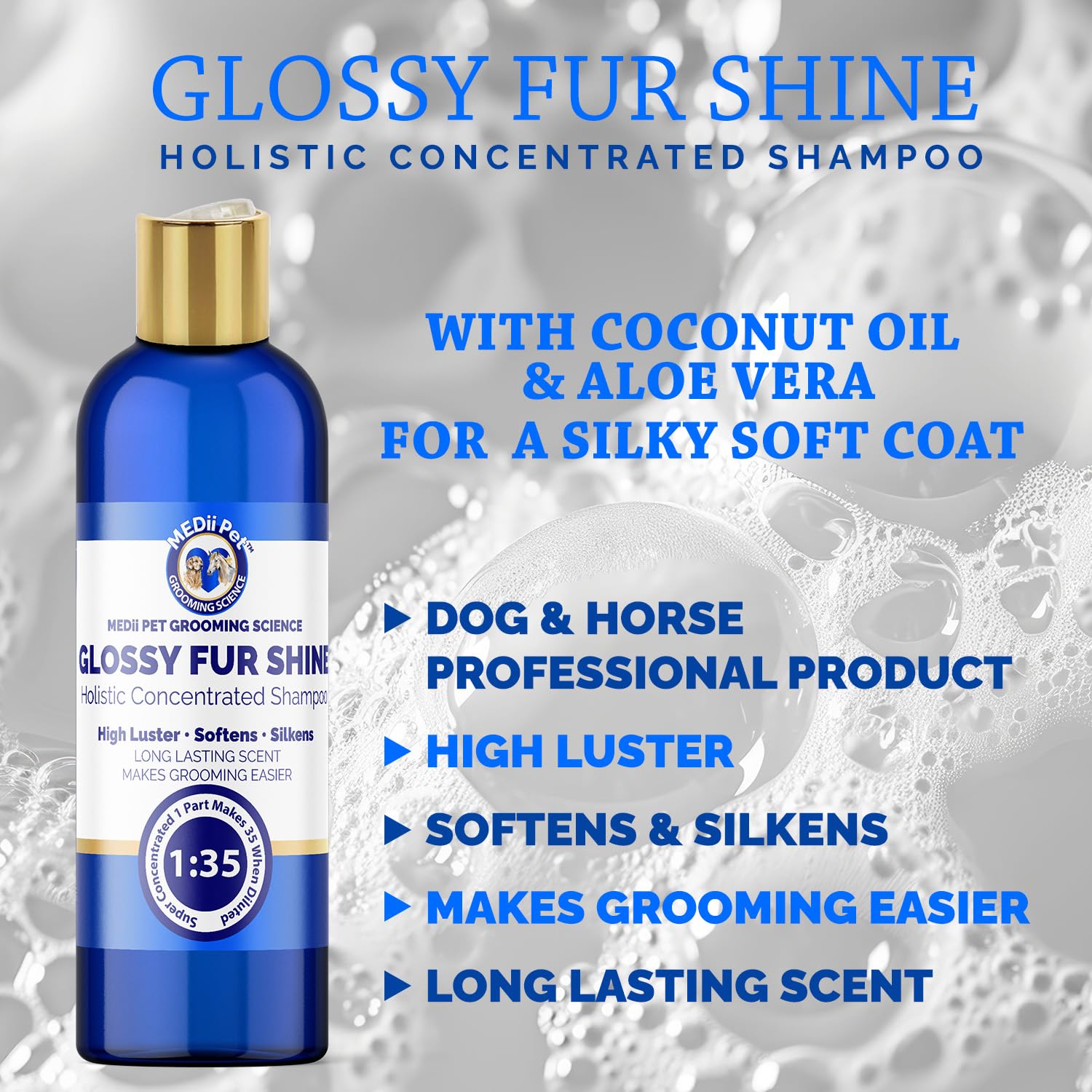 MEDii Pet Concentrated Glossy Fur Shine - Professional Grooming Conditioner & Hair Detangler Spray for Dogs & Horses, Makes 4 Gallons, 16oz