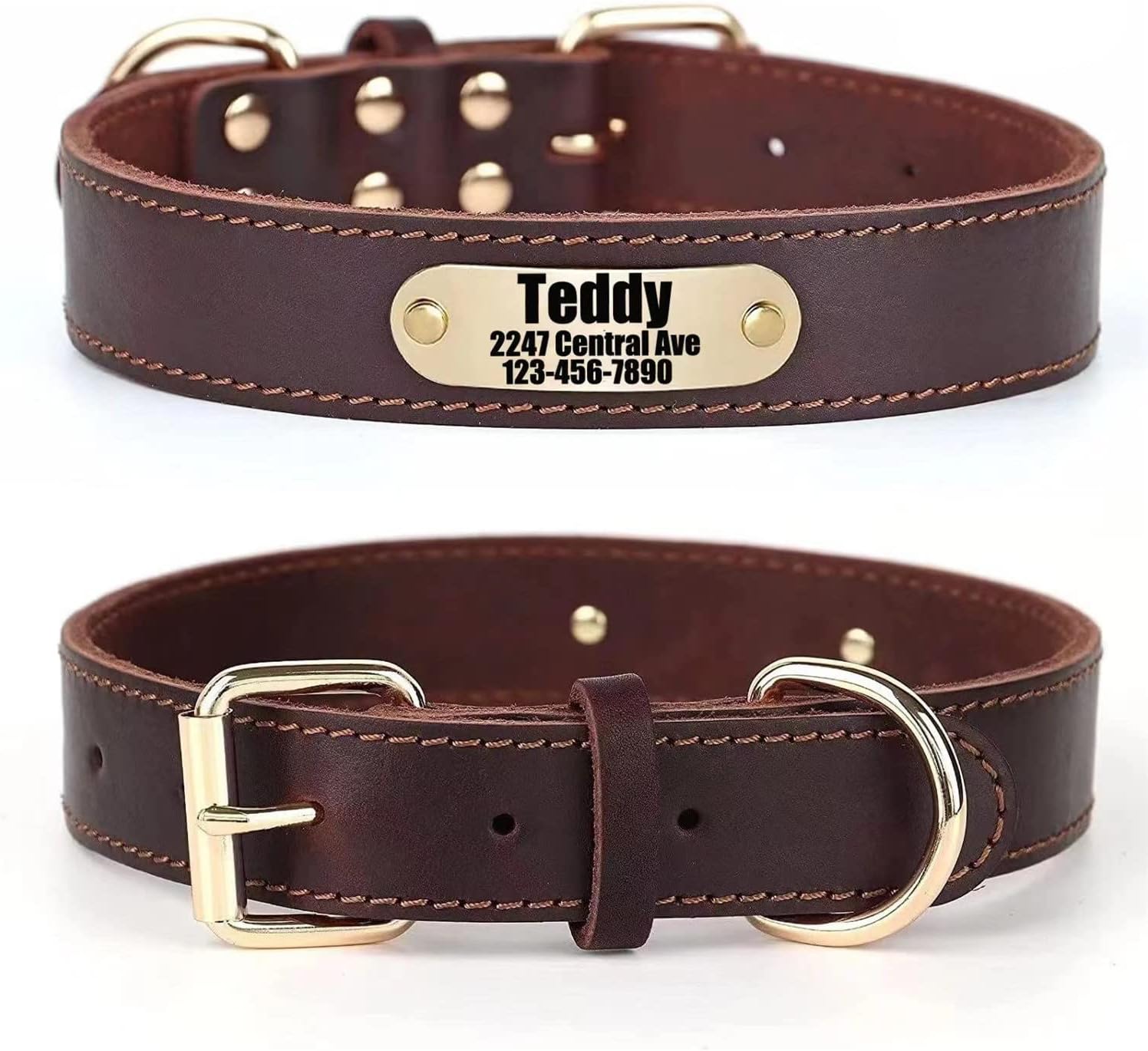 Personalized Custom Real Genuine Leather Dog Collar with Engraved Name Phone number/Heavy Duty Durable Adjustable Dog Collars for Male Female X-small Medium Large X-large Dogs-Brown/S