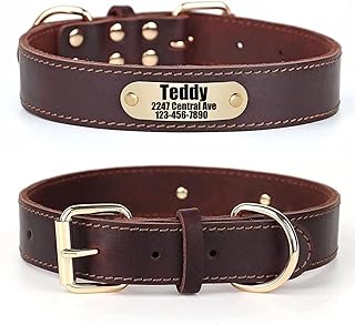 SLZZ Personalisiertes Hundehalsband aus echtem Leder mit Hundename Telefonnummer/langlebiges verstellbares Hundehalsband für X-Klein Klein Mittel Groß X-Groß Hunde-S product image