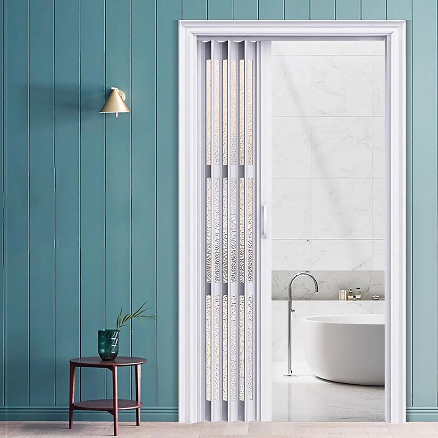 Accordion Folding Sliding Door Room Divider - PVC Multifold Doors with Aluminum Frame & Frosted Glass Panels, Space-Saving Design, 24"-72" Widths (40"x80") - Ideal for Modern Interiors