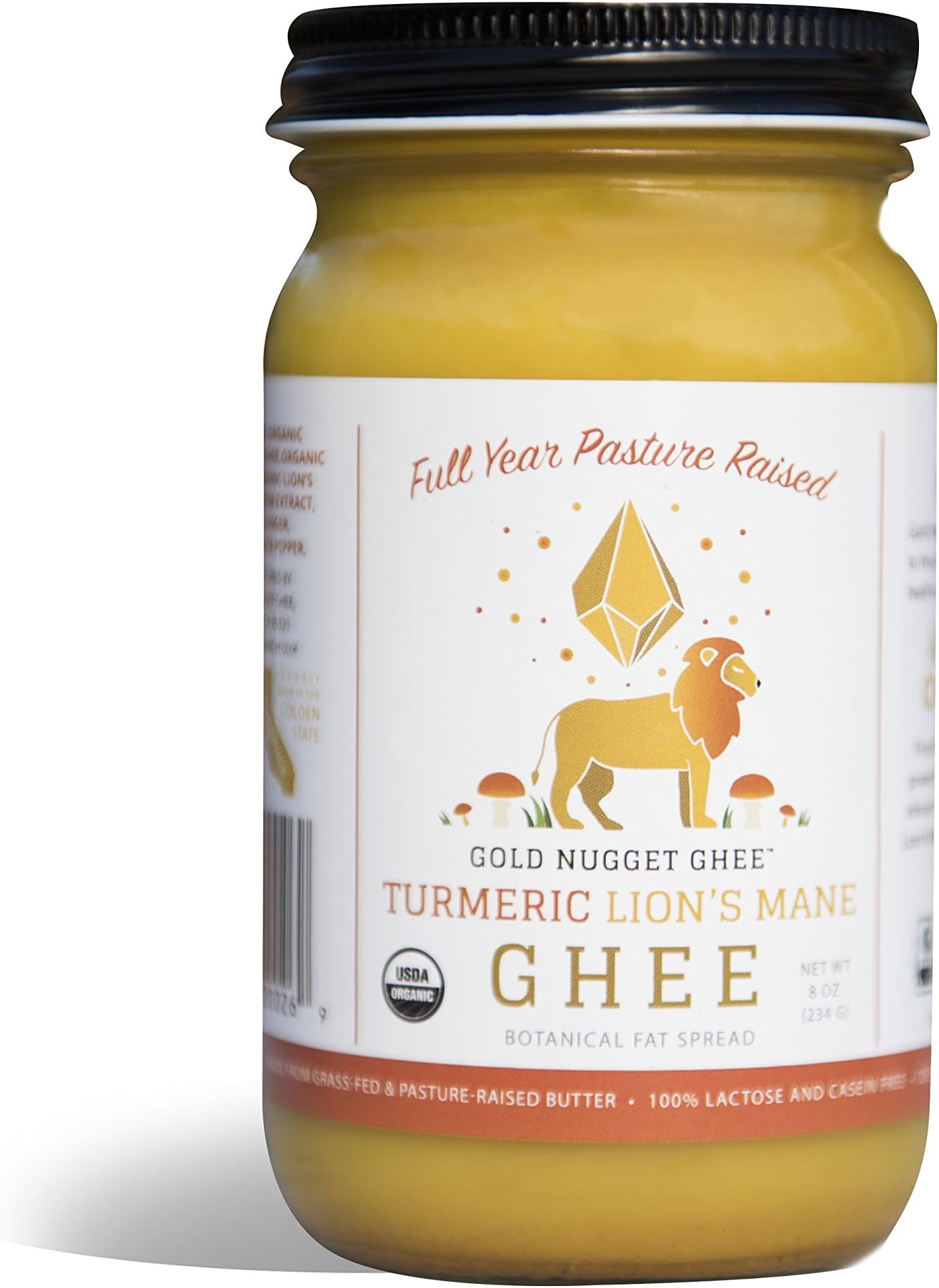 TURMERIC LION'S MANE MUSHROOM GHEE BY GOLD NUGGET GHEE, USDA ORGANIC, FULL-YEAR/PASTURE-RAISED, GRASS-FED, PALEO & KETO 8oz