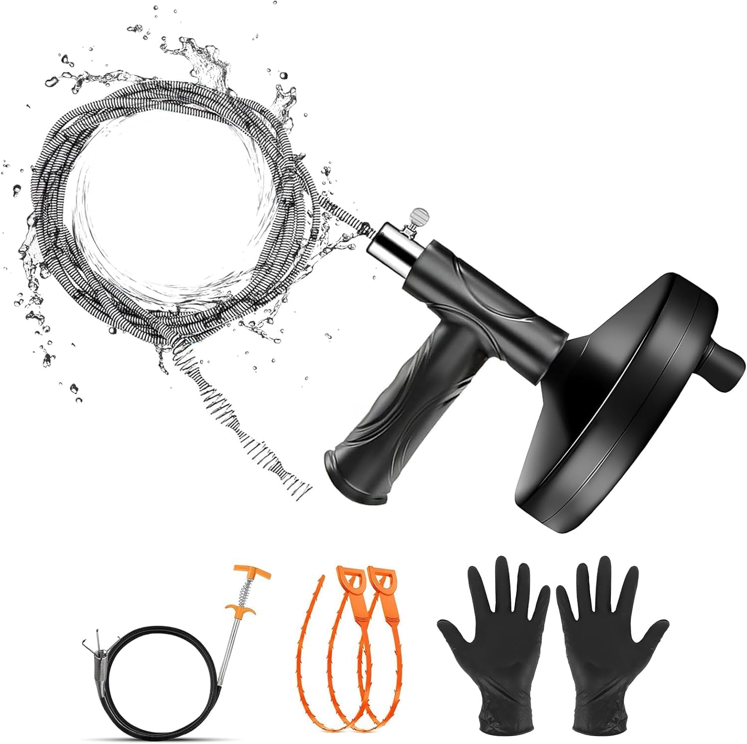 Drain Auger 33 Feet, Plumbing Snake Hair Clog Removal Tool, 6 in 1 Heavy Duty Toilet Auger, Clog Remover Tool for Bathroom Kitchen Tub Shower Drain Clog Remover with Gloves and Plastic Hair Snake
