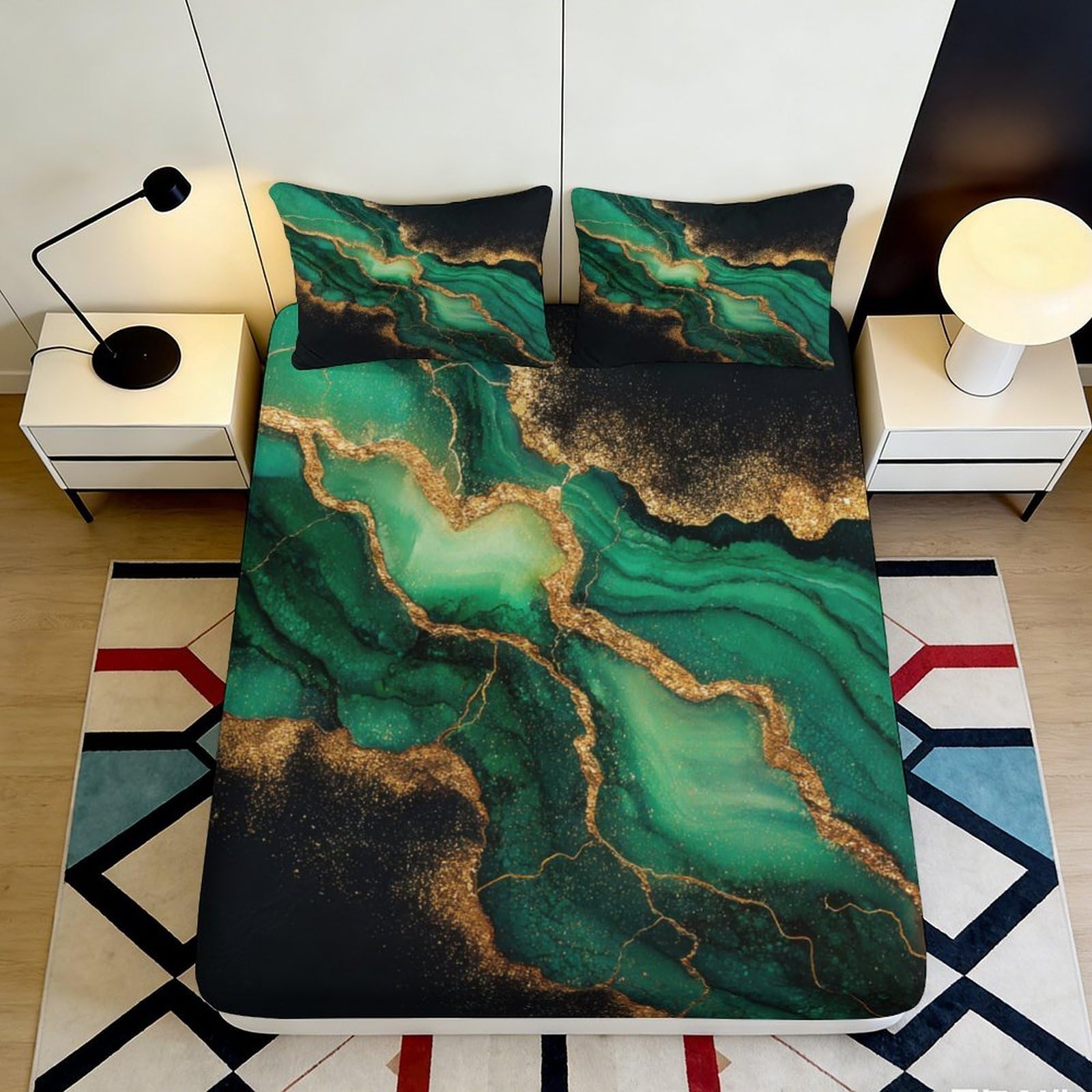 3D Printed Emerald Green Marble Fitted Sheet Microfiber Soft Breathable Gold Vein Bed Sheet for Bedroom Dormitory Guest Room Mattress Protection Decor 160x200x25cm