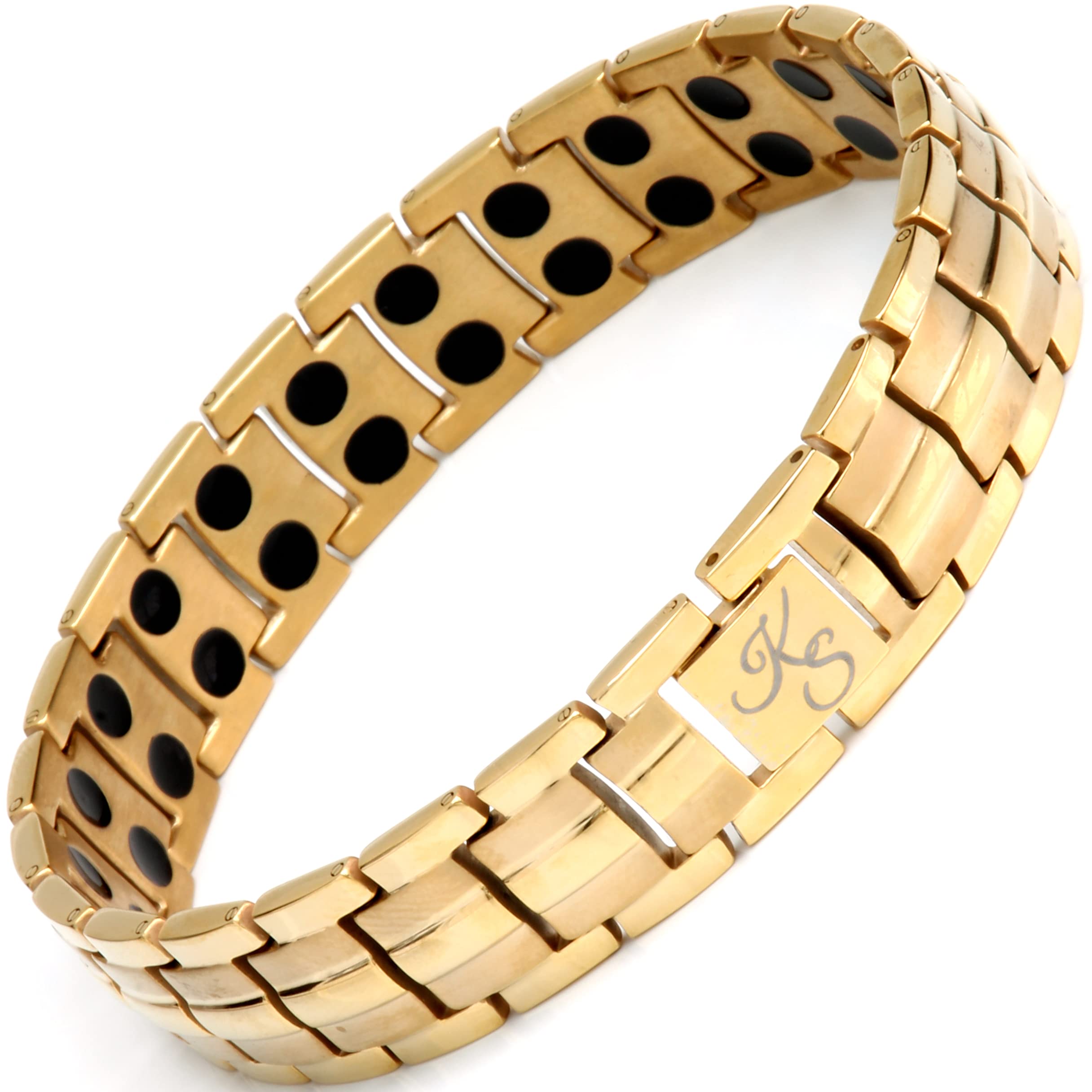 Kalsi StyleUltra Strength Titanium Magnetic Therapy Bracelet, Double Row 3500 Gauss Magnets for Men & Women, Free Resizing Tool & Gift Box (Gold w/Black Magnets)