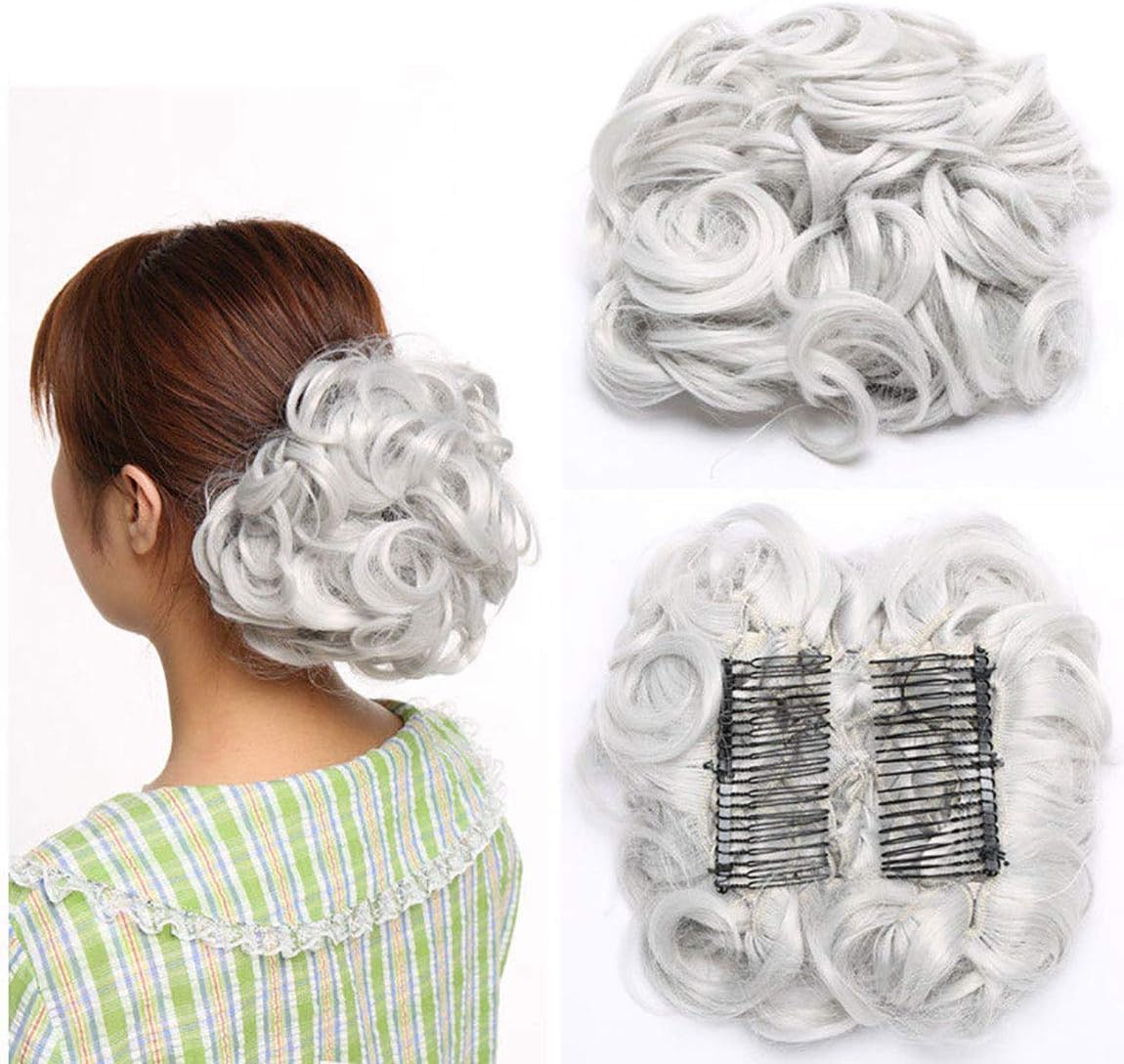 Short Combs Messy Curly Wavy Hair Extensions Bun Piece Up Do Drawstring Ponytail Clip in Comb Hair Extensions Chignon Silver Grey - Image 3