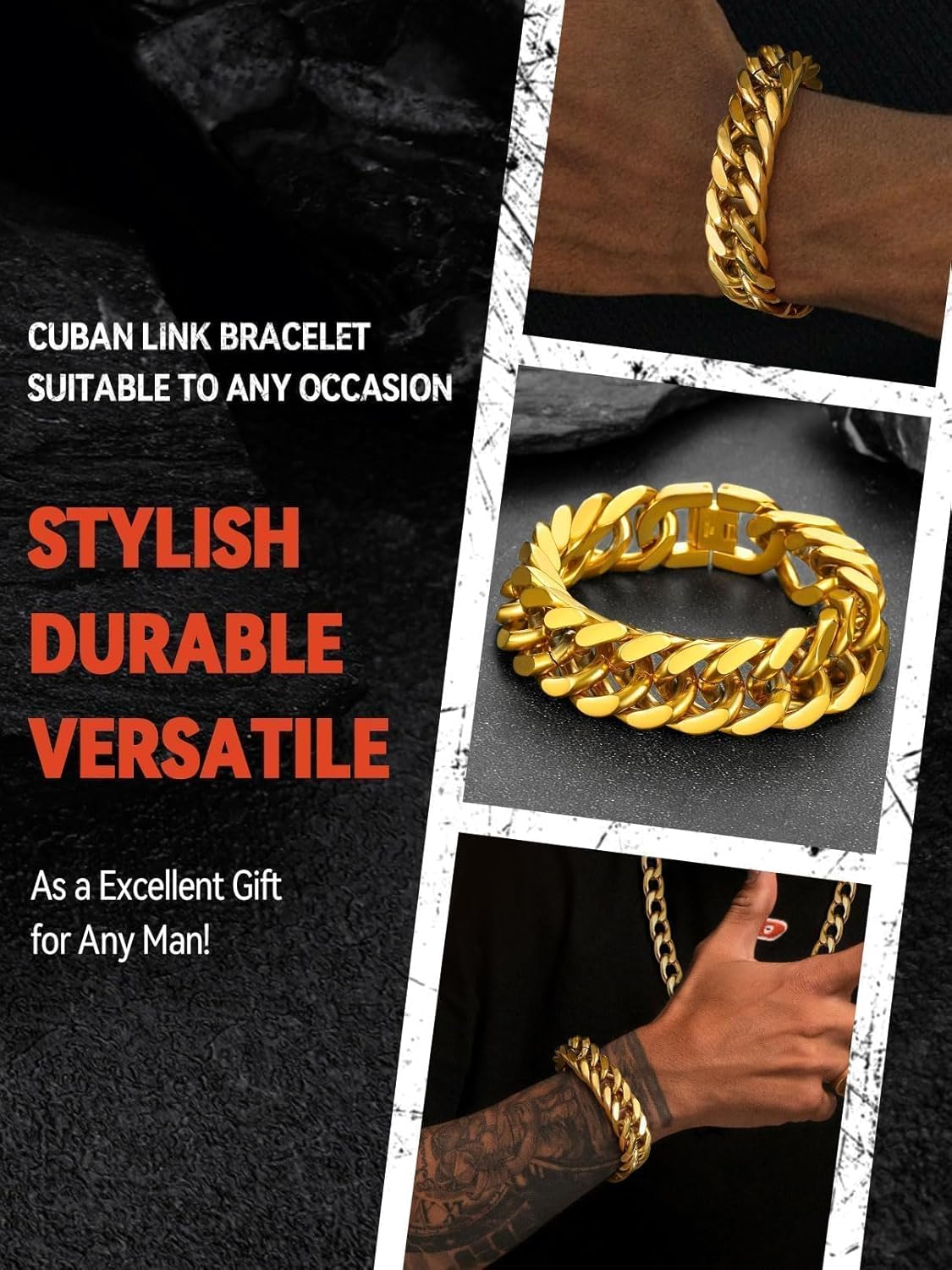 FaithHeart Stainless Steel Cuban Link Bracelet for Men, Gold Plated/Black/Silver Mens Chain Bracelet 8/12/17mm Width, 7.5/8.3/9.1 Inch Length Sturdy Wrist Bracelets Hip Hop Jewelry, with Gift Box - Image 2