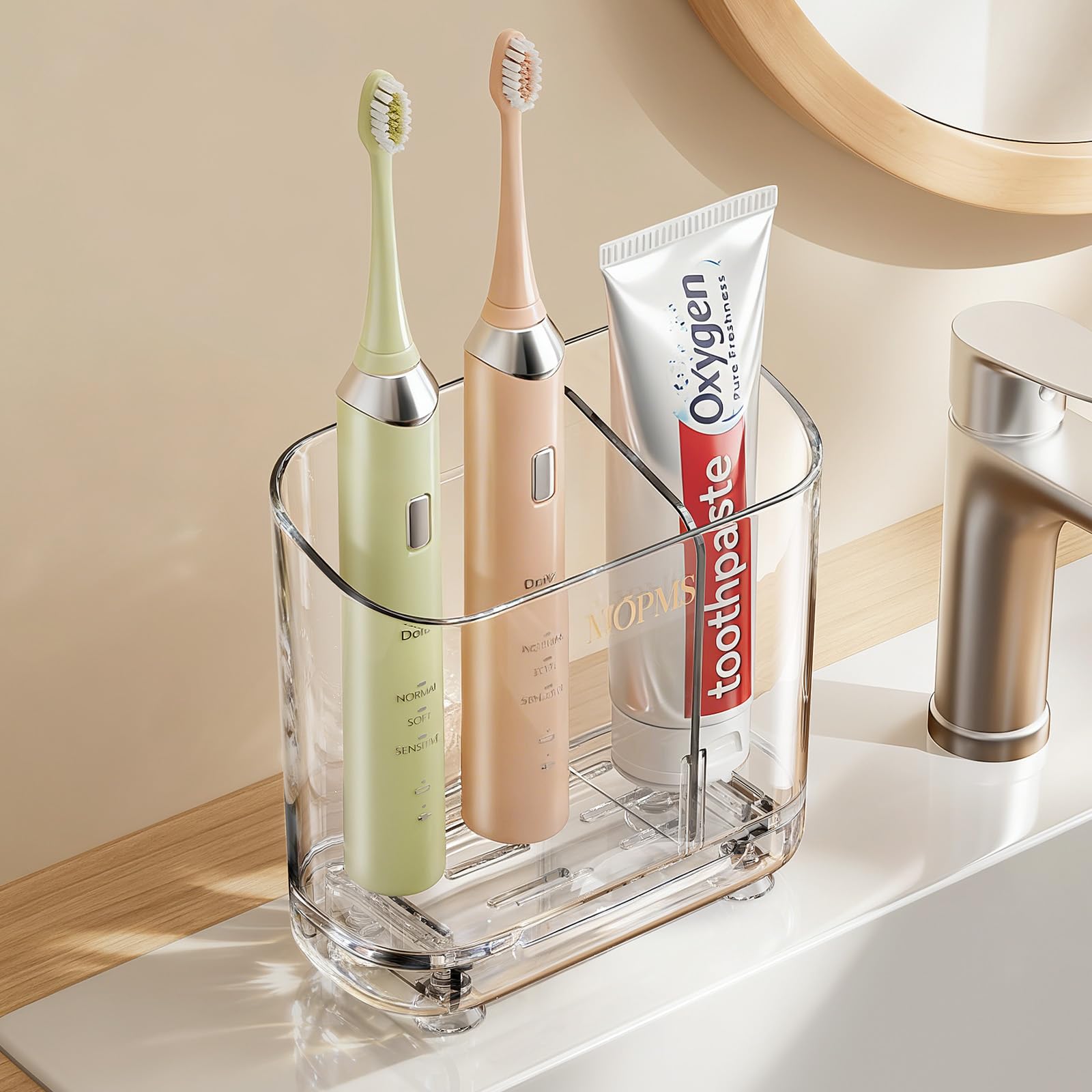 Toothbrush Holders with Drainage for Bathroom Countertop Organizer, 2 Slots Electric Toothbrush Holder Wall-Mount with Divider for Easy Clean, Tooth Brush and Toothpaste Holder for Bathroom Kitchen