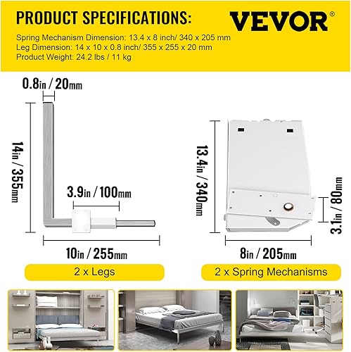 Miniatura 7 de Happybuy Murphy - Mecanismo de muelles de pared de montaje resistente, kit de bricolaje para cama King Queen (vertical), color blanco