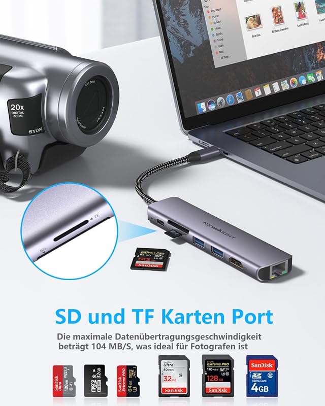 Newmight 7 az 1-ben USB C Hub Ethernet csatlakozóval, 4K HDMI, 2 USB 3.0, 100W PD, SD/TF kártyaolvasó - iPhone 15/MacBook/iPad/Dell/HP kompa