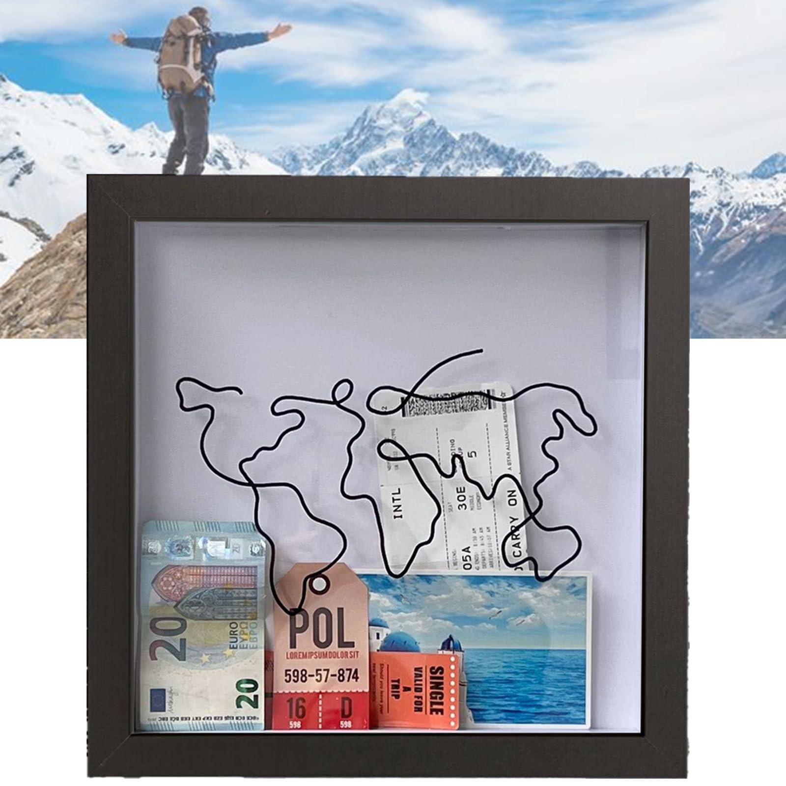 Joy Depot 12Inch Large Size Adventure Archive Box Frame Shadow Box Frame with Slot Travel Memory Box with World Map Design Tickets Collection Box for Movie, Sporting of Memory Ticket - Black