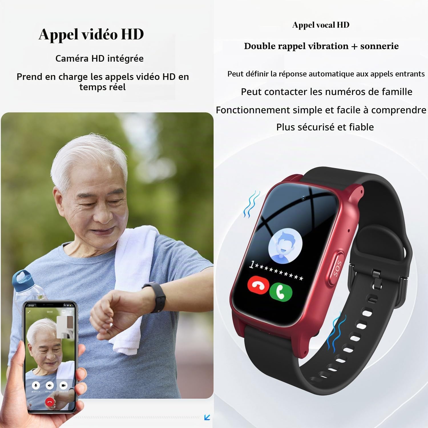 Montre Connectée avec Détecteur de Chute, Montres Intelligentes Surveillance De La Santé des Personnes Âgées, Bracelet De Positionnement GPS,Black