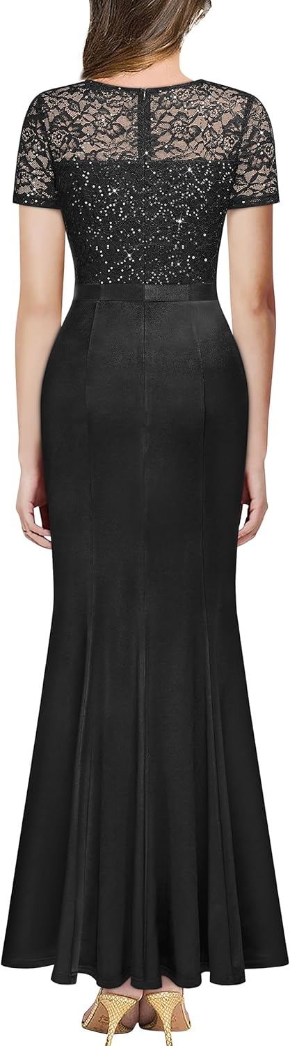 Miusol Women's Elegant Sequin Lace Contrast Ruffle Style Formal Evening Long Dress - Image 2