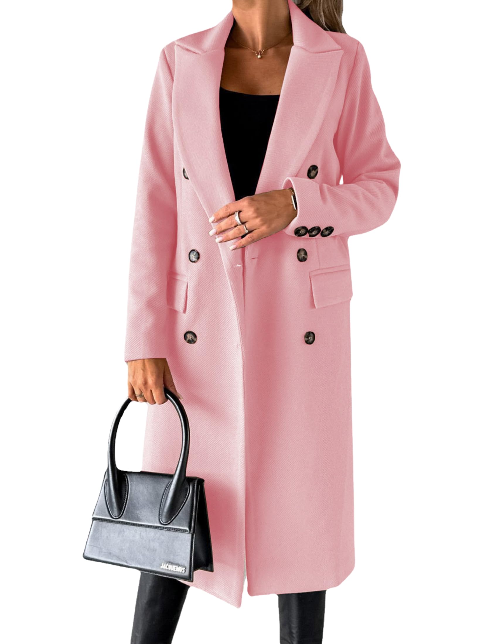 LIZALIG Womens Pocketed Midi Wool Coat - Elegant Notched Collar Double Breasted Trench Peacoat for Fall Winter
