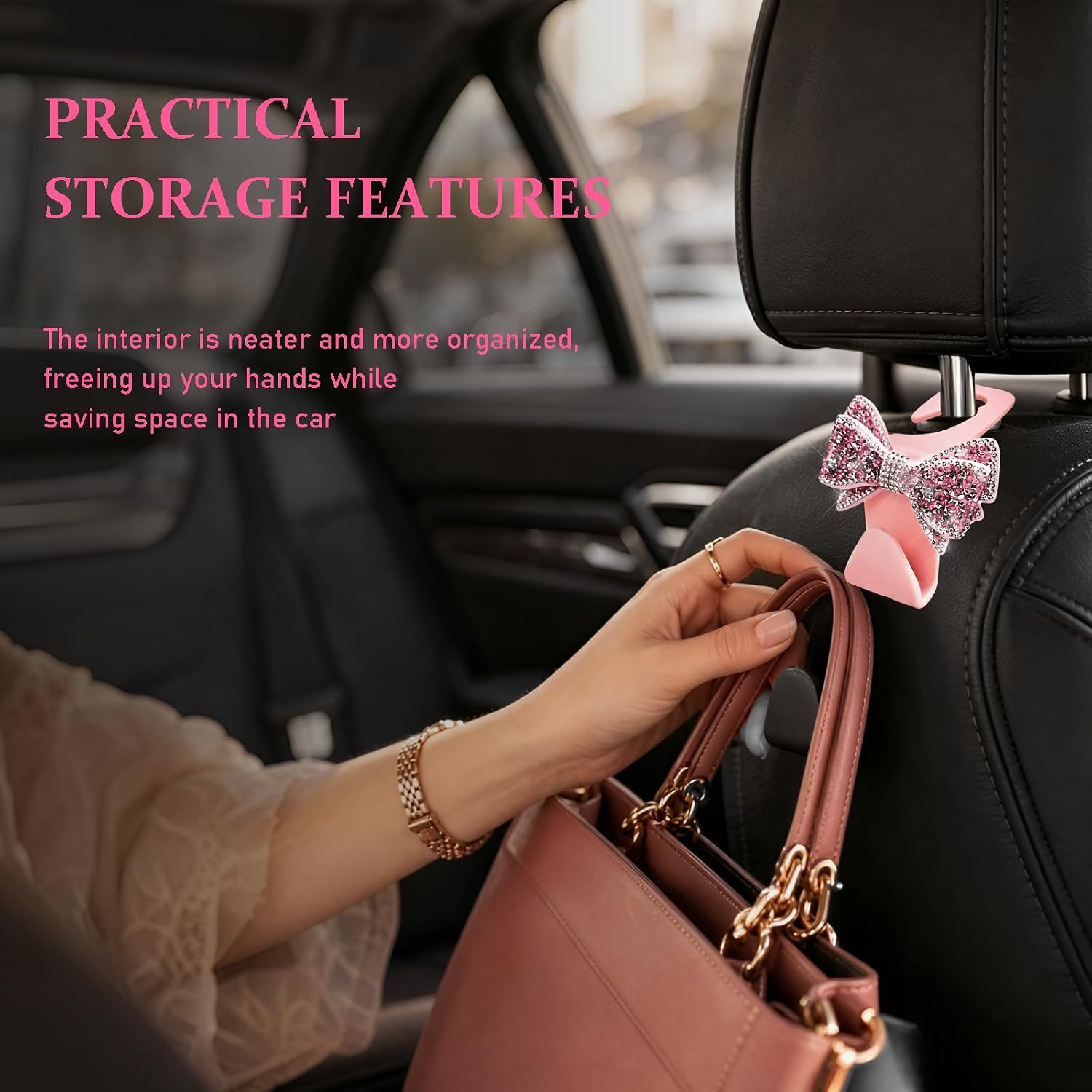 Bling Car Headrest Hook, Cute Bow Diamond Auto Rear Seat Organizer for Purses Bags Groceries, Crystal Rhinestone Vehicle Seat Back Hanger Storage Hook for SUV Truck Sedan (Pink) image 4