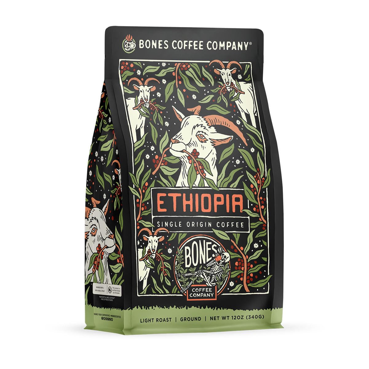 Bones Coffee Company Ethiopia Single-Origin, Citrus, Floral and Berries Notes, Ground Coffee Beans, Low Acid Light Roast Arabica Beans Flavored Coffee
