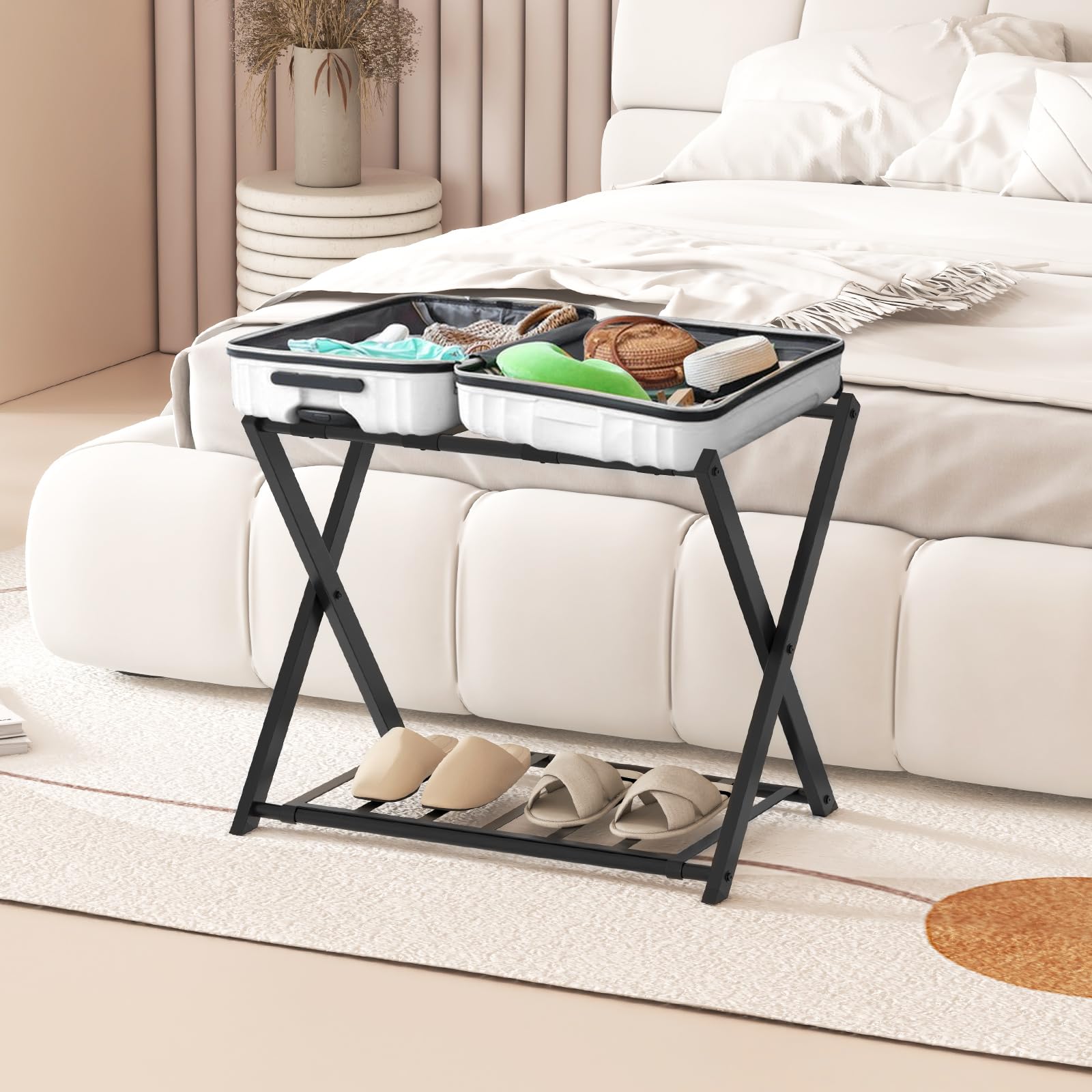 COSTWAY Portavaligie Pieghevole a 2 Ripiani in Metallo 68x43x56 cm Nero