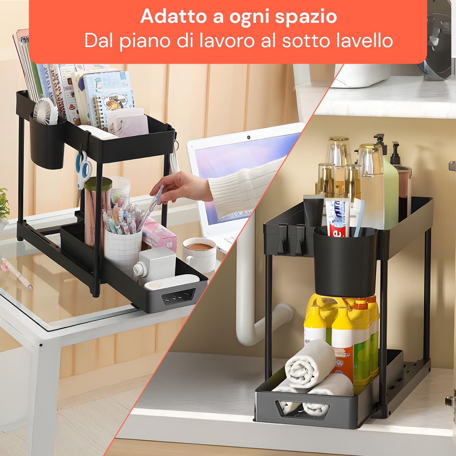 Avilia - Organizer Sottolavello Cucina a 2 Ripiani con Cestelli e Ganci per Ottimizzare Spazio in Bagno e Cucina, Facile da Montare, Ideale per Detergenti e Accessori di Uso Quotidiano