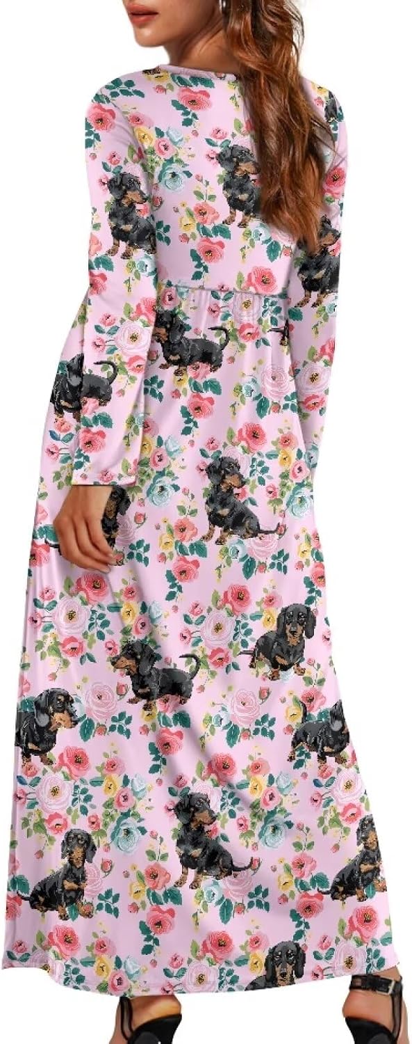 Renewold Travel Party Womens Dresses with Pockets Long Sleeve Maxi Length Women's Casual Dresses S-4XL