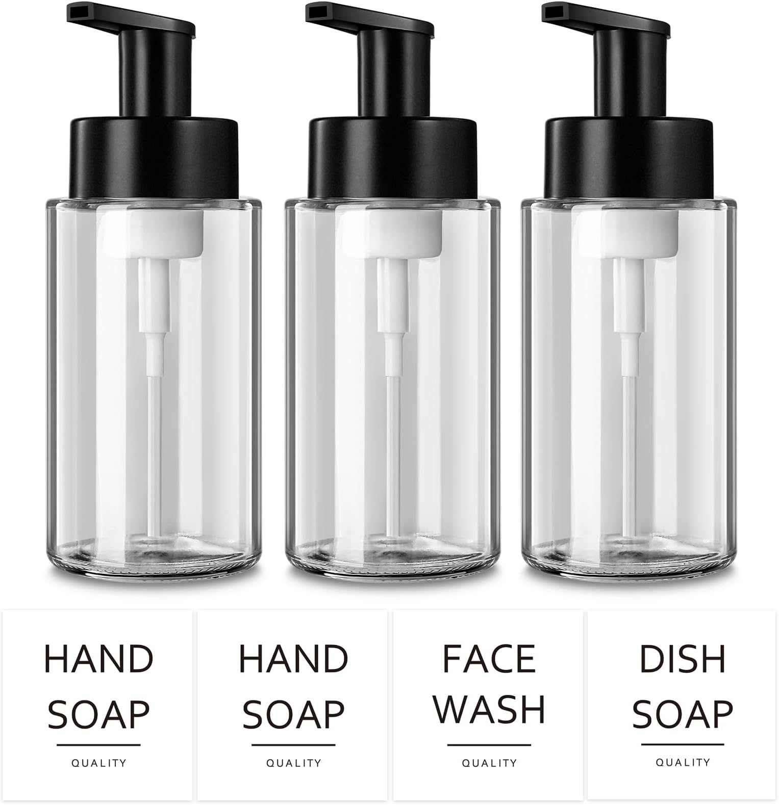 Foaming Soap Dispenser, 10 oz/300ml Foaming Hand Soap Dispenser, 3 Pack Glass Foaming Soap Dispenser for Bathroom & Kitchen, Clear Refillable Foam Soap Dispenser Bottle with Waterproof Labels