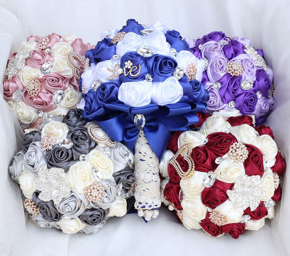 Sharebeauty 7.9 Inch Handmade Satin Rose Bridal Bouquet Toss Round Wedding Bouquet Throw Toss Artificial Flower Bunch Brown Yellow + Ivory