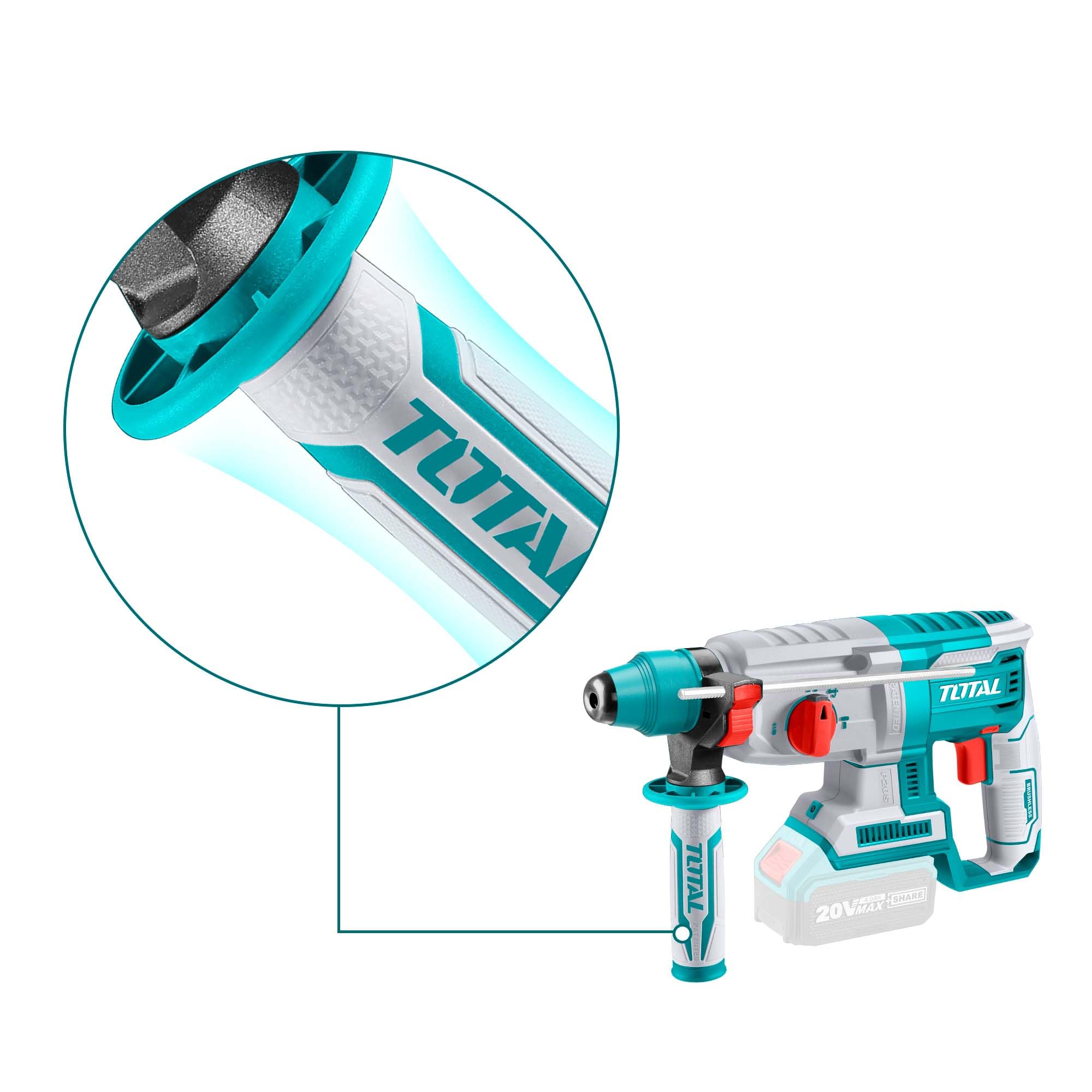TOTAL - Martillo Combinado a Batería 20V - Motor Brushless Sin Escobillas - Luz LED - 3 Brocas SDS Plus y Cincel - Capacidad de Perforado 26mm - Fuerza Impacto 2J- No incluye Batería ni Cargador