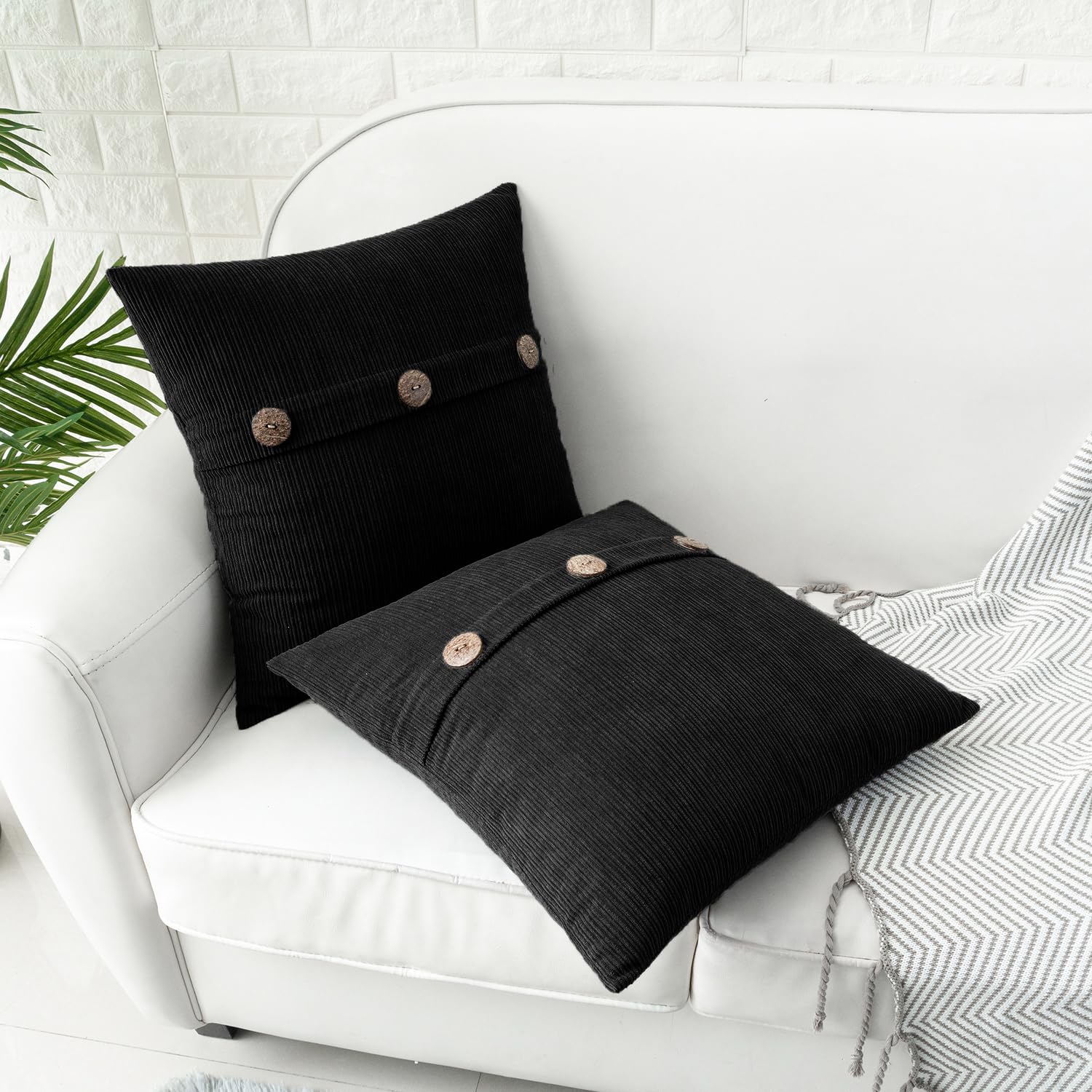 HWY 50 Black Chenille Cushion Covers 45cm x 45cm (18"x18") with Triple Buttons, Set of 2 - Image 3