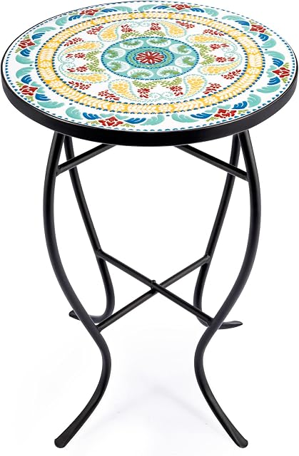 VONLUCE Mosaic Side Table and Plant Stand, 53.5cm Round Side Table with 36cm Ceramic Tile Top, Indoor and Outdoor Accent Table, Outdoor Patio Bistro Coffee Table for Home & Garden (Floral)
