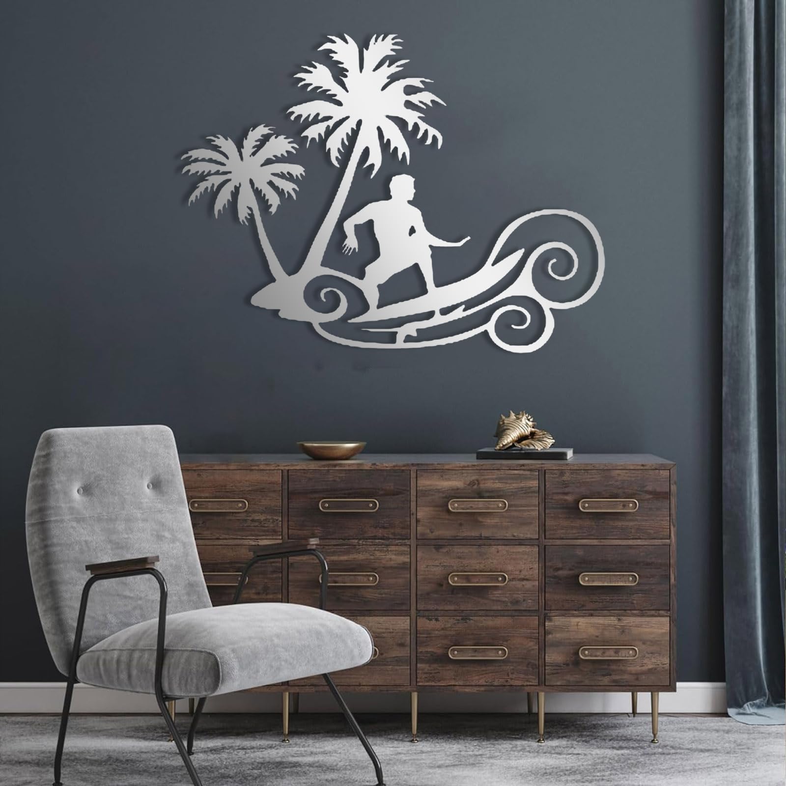 Palmier Décoration Murale Minimaliste Moderne en Métal Argenté Intérieur Extérieur 81x62