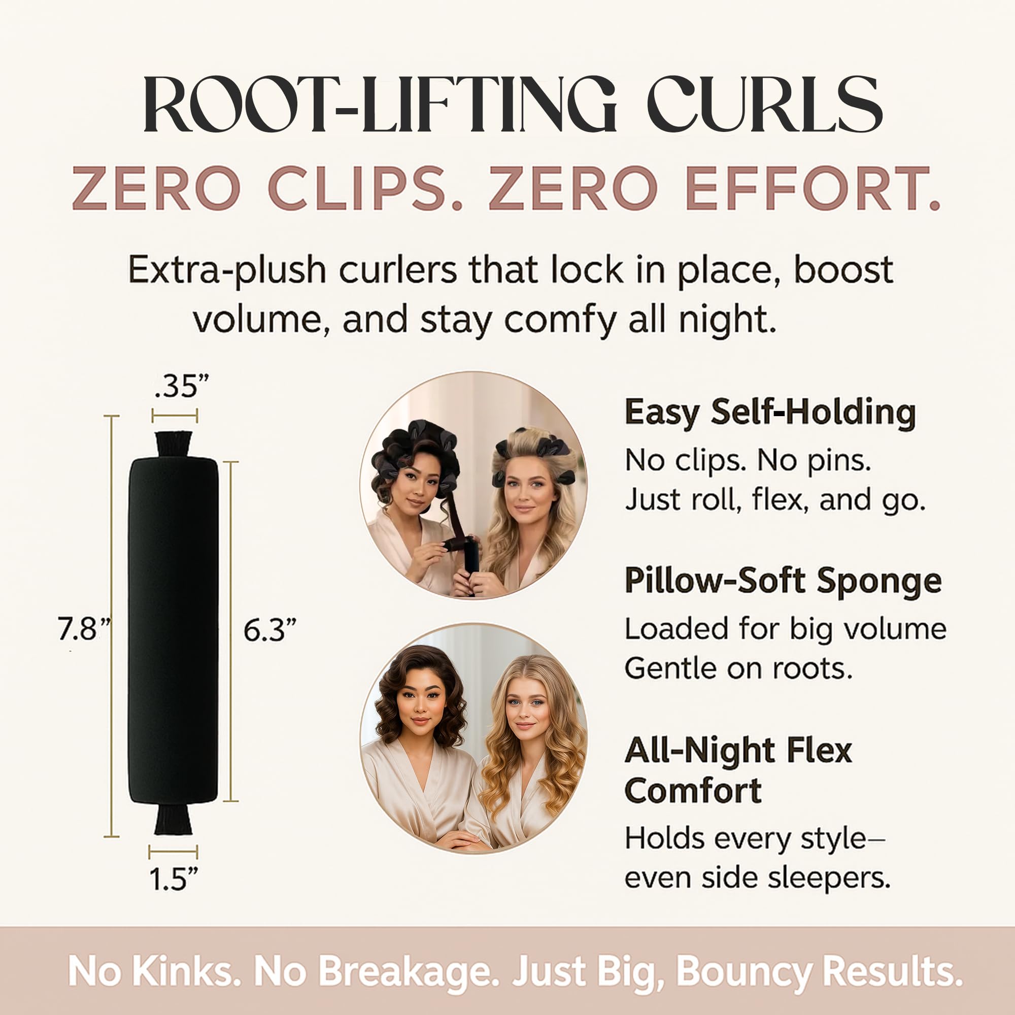 Heatless Hair Curlers - Overnight Foam Rollers for Sleeping, No Heat Curlers for Women, Satin Wrapped Ends & Soft, 8pc Set for Hollywood Blowout Curls (Black)