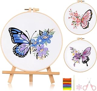 Flower Embroidery Kit for Beginners with Butterfly Pattern and Instructions,3 Pack Cross Stitch Kits, Threads and Needles,Needlepoint Kit for Craft Lover Hand Stitch with Embroidery Skill Tech